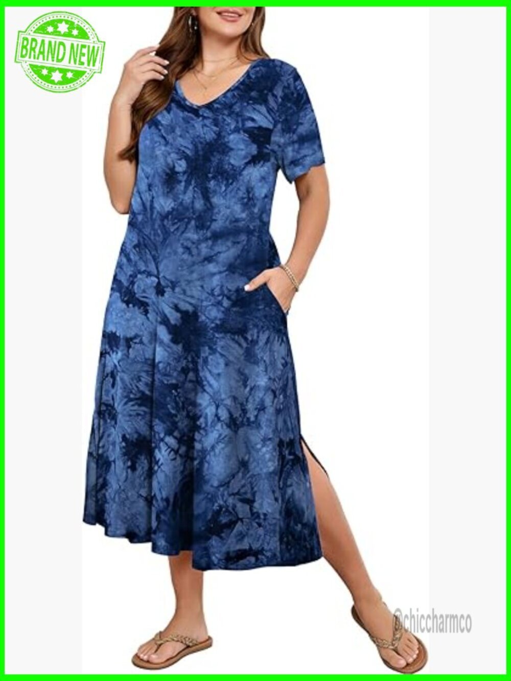 Plus Size Midi T-Shirt Dress V Neck Short Sleeve Side Split Pockets